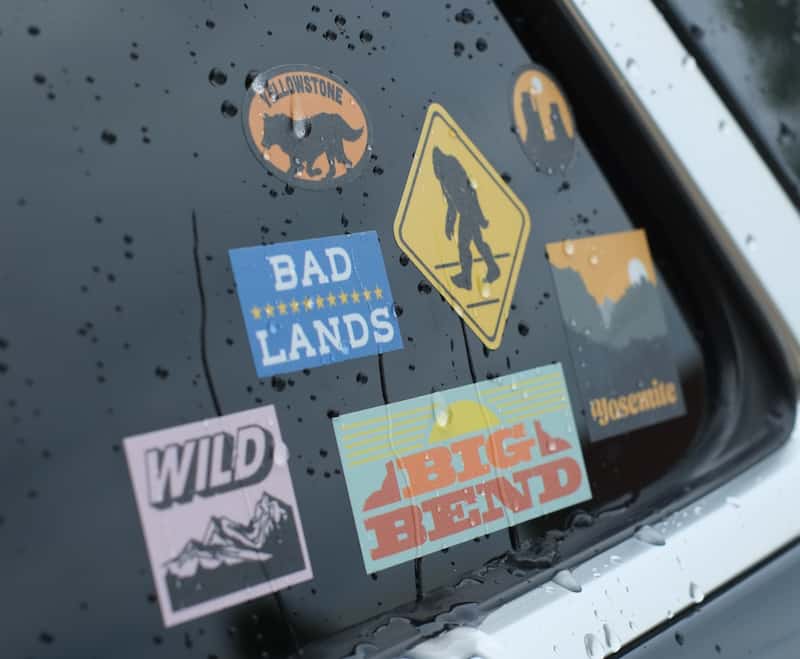 weatherproof stickers on a car window